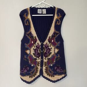 VTG CHU Women’s Knit Floral Vest Size‎ Large Beaded Crochet Cottagecore